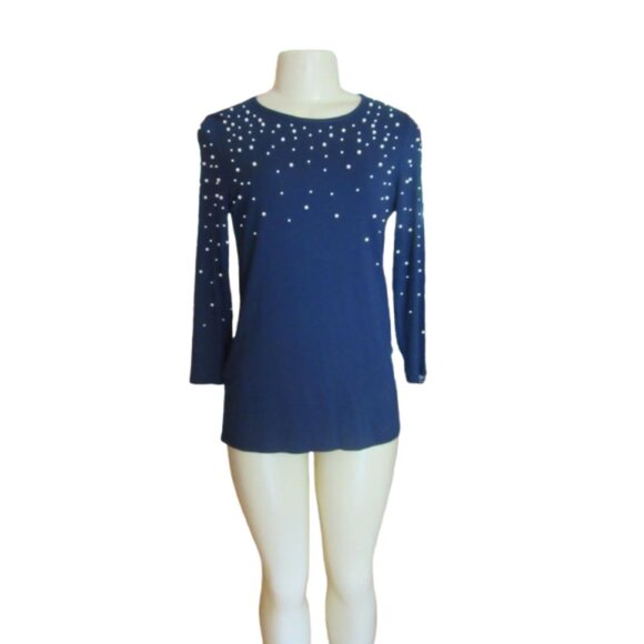 NWT, Chicos Navy Blue Long Sleeve Sweater w Faux Pearls Size XSP - Picture 1 of 7